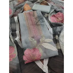 HERE&NOW Floral Printed Zari Work Organza Unstitched Dress Material-picture-33