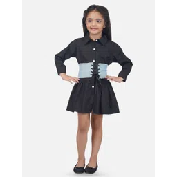 HERE&NOW Girls Belt Detailed Shirt Collar Pure Cotton A-Line Dress-picture-48