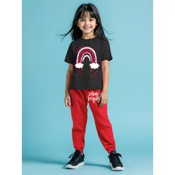 HERE&NOW Girls Graphic Printed Round Neck Short Sleeves T-Shirt & Track Pant-picture-40