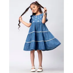 HERE&NOW Girls Navy Blue & White Embroidered Flutter Sleeves Cotton A-Line Dress-picture-56