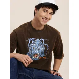 HERE&NOW Graphic Printed Drop-Shoulder Sleeves Pure Cotton Casual T-shirt-picture-35