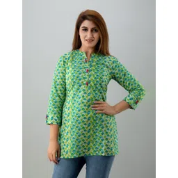 HERE&NOW Green & Turquoise Blue Geometric Block Printed Mandarin Collar Kurti-picture-19
