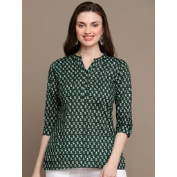 HERE&NOW Green & White Ethnic Motifs Printed Pure Cotton Short Kurti-picture-38