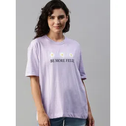 here&now HERENOW Women Lavender Typography Printed Drop-Shoulder Sleeves Pure Cotton T-shirt-picture-36