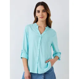 HERE&NOW Mandarin Collar Roll-Up Sleeves Cotton Shirt Style Top-picture-19