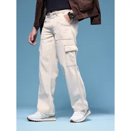 HERE&NOW Men Baggy Fit Pure Cotton Light Fade Cargo Style Jeans-picture-43