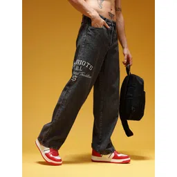 HERE&NOW Men Baggy Fit Pure Cotton Light Fade Typography Embroidered Jeans-picture-37