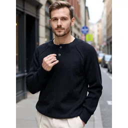 HERE&NOW Men Black Polyester Self Design Sweaters-picture-25