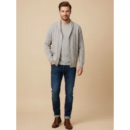 HERE&NOW Men Cable Knit Self Design Shawl Collar Long Sleeves Cardigan Sweaters-picture-24