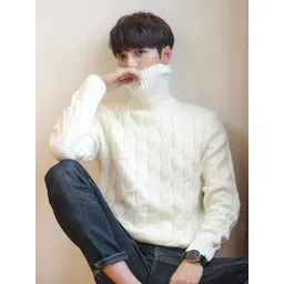 HERE&NOW Men Cable Knit Self Design Turtle Neck Long Sleeve Pullover-picture-23