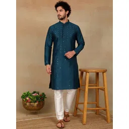 HERE&NOW Men Embellished Mirror Work Handloom Kurta-picture-12