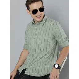 HERE&NOW Men Green & Black Striped Pure Cotton Slim Fit Sustainable Casual Shirt-picture-38