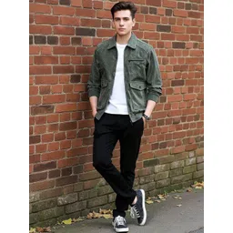 HERE&NOW Men Green Solid Spread Collar Long Sleeves Cotton Tailored Jacket-picture-37