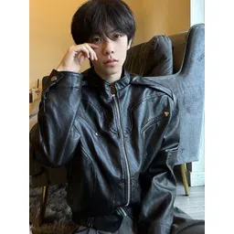 HERE&NOW Men Mandarin Collar Solid Leather Casual Leather Jacket-picture-19