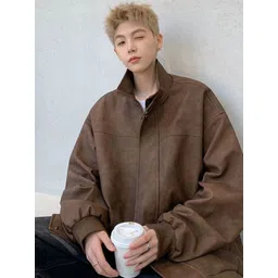 HERE&NOW Men Mandarin Collar Solid Leather Casual Leather Jacket image 3