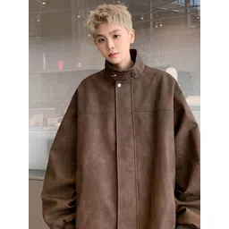 HERE&NOW Men Mandarin Collar Solid Leather Casual Leather Jacket image 5