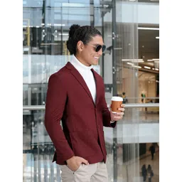 HERE&NOW Men Maroon Textured Regular Fit Single-Breasted Blazer-picture-32