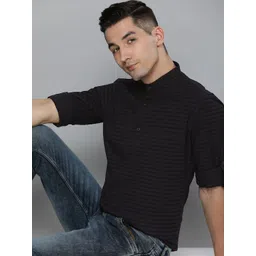 HERE&NOW Men Navy Blue & Black Slim Fit Striped Casual Shirt-picture-22