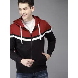HERE&NOW Men Red & Black Colourblocked Hooded Sweatshirt-picture-25