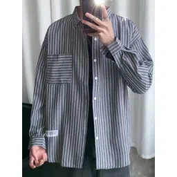 HERE&NOW Men Relaxed Fit Spread Collar Vertical Striped Cotton Casual Shirt-picture-39