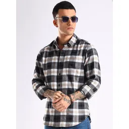 HERE&NOW Men Slim Fit Tartan Checked Button-Down Collar Cotton Casual Shirt-picture-39