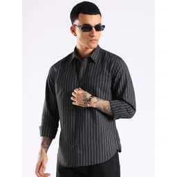 HERE&NOW Men Slim Fit Vertical Striped Button-Down Collar Cotton Casual Shirt-picture-40