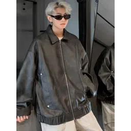 HERE&NOW Men Spread Collar Solid Leather Casual Leather Jacket-picture-26