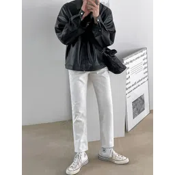 HERE&NOW Men Spread Collar Solid Leather Casual Leather Jacket-picture-28