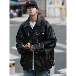 HERE&NOW Men Spread Collar Solid Leather Casual Leather Jacket-picture-27