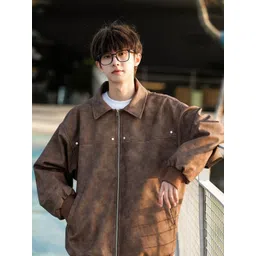 HERE&NOW Men Spread Collar Solid Leather Casual Leather Jacket-picture-32