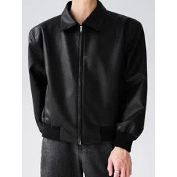 HERE&NOW Men Spread Collar Solid Leather Casual Leather Jacket-picture-29