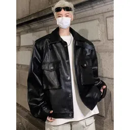 HERE&NOW Men Spread Collar Solid Leather Casual Leather Jacket-picture-16