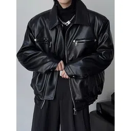 HERE&NOW Men Spread Collar Solid Leather Casual Leather Jacket-picture-25