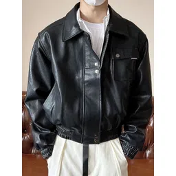 HERE&NOW Men Spread Collar Solid Leather Casual Leather Jacket-picture-30