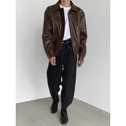 HERE&NOW Men Spread Collar Solid Leather Casual Leather Jacket-picture-33