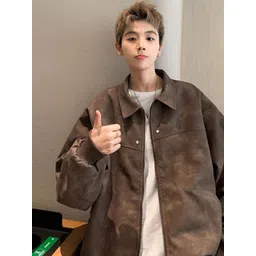 HERE&NOW Men Spread Collar Solid Leather Casual Leather Jacket-picture-31