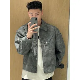 HERE&NOW Men Spread Collar Solid Leather Casual Leather Jacket-picture-24