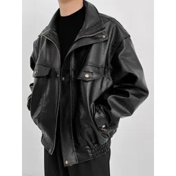 HERE&NOW Men Spread Collar Solid Leather Casual Leather Jacket image 3