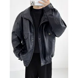 HERE&NOW Men Spread Collar Solid Leather Casual Leather Jacket image 5