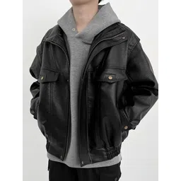 HERE&NOW Men Spread Collar Solid Leather Casual Leather Jacket image 4