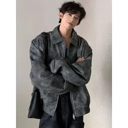 HERE&NOW Men Spread Collar Washed Self Design Casual Bomber Jacket-picture-40