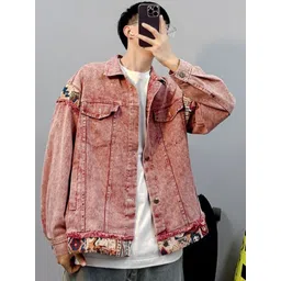 HERE&NOW Men Spread Collar Washed Self Design Casual Denim Jacket-picture-19
