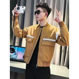 HERE&NOW Men Stand Collar Solid Casual Bomber Jacket-picture-40