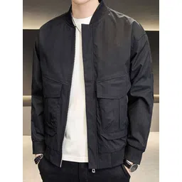 HERE&NOW Men Stand Collar Solid Casual Bomber Jacket-picture-20