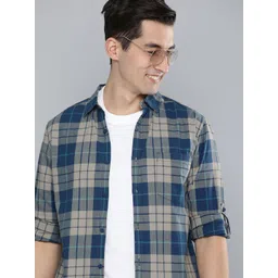 HERE&NOW Men Teal Blue & Grey Slim Fit Checked Sustainable Casual Pure Cotton Shirt-picture-30