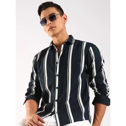 HERE&NOW Men Vertical Striped Spread Collar Cotton Casual Shirt-picture-23