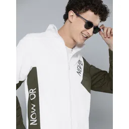 HERE&NOW Men White And Olive Green Colourblocked Tailored Jacket-image-1