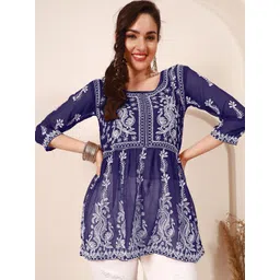 HERE&NOW Navy Blue & White Chikankari Embroidered A-Line Kurti-picture-23