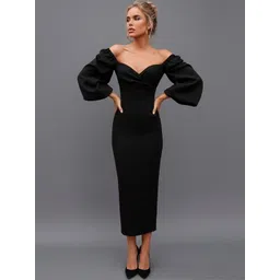 HERE&NOW Off-Shoulder Puff Sleeve Bodycon Midi Dress-picture-36