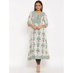 HERE&NOW Off-White & Grey Floral Printed Cotton Flax A-Line Kurta-picture-21